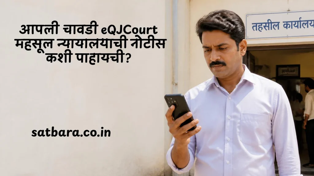 नागरिक मोबाईलवर आपली चावडी eQJCourt महसूल न्यायालय सुनावणीची नोटीस पाहताना 