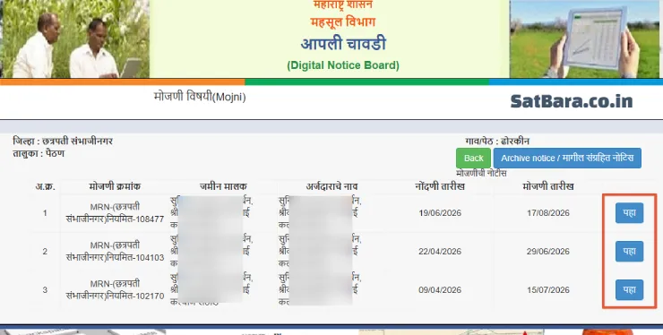 मोजणी विषयक चालू नोटीस डॅशबोर्ड