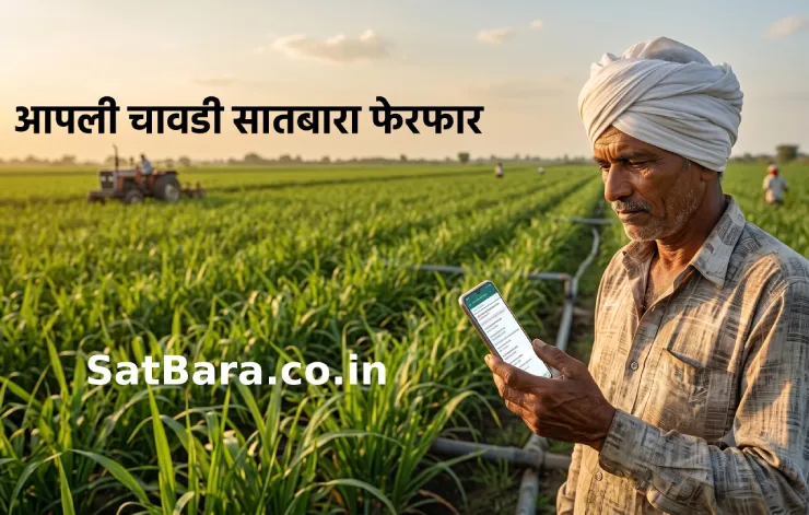 शेतकरी मोबाईलवर आपली चावडी सातबारा फेरफार नोटीस पाहताना