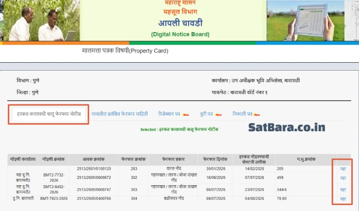 हरकत कालावधी चालू फेरफार नोटीस माहिती